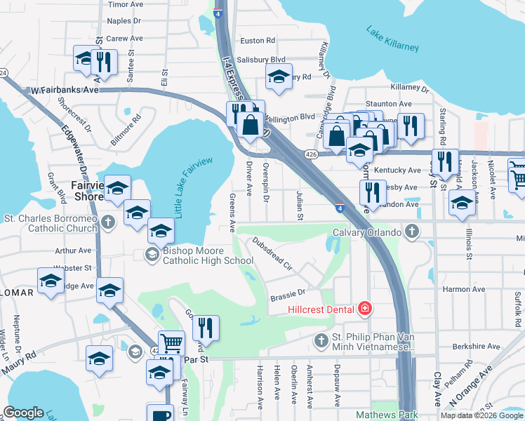 map of restaurants, bars, coffee shops, grocery stores, and more near 811 Overspin Drive in Winter Park