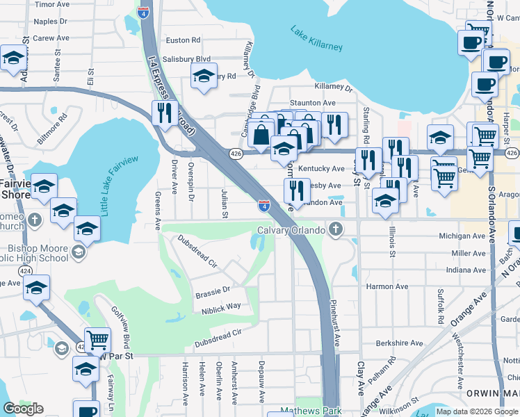 map of restaurants, bars, coffee shops, grocery stores, and more near 2160 Crandon Avenue in Winter Park