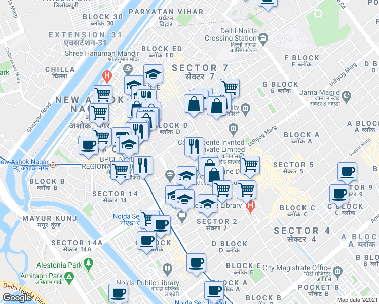 map of restaurants, bars, coffee shops, grocery stores, and more near in Noida