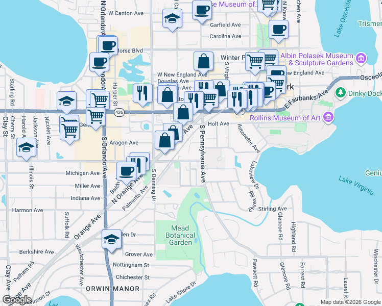 map of restaurants, bars, coffee shops, grocery stores, and more near 867 South Pennsylvania Avenue in Winter Park