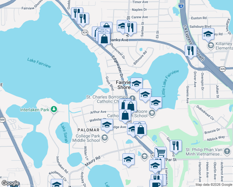 map of restaurants, bars, coffee shops, grocery stores, and more near 1101 Venetian Avenue in Orlando