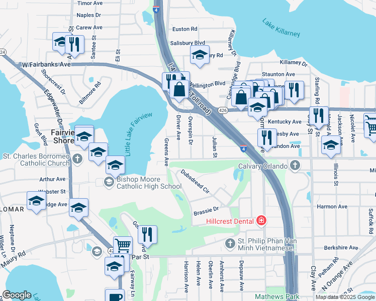 map of restaurants, bars, coffee shops, grocery stores, and more near 811 Overspin Drive in Winter Park