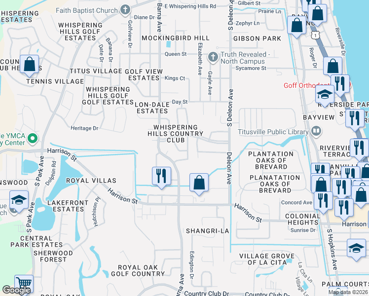 map of restaurants, bars, coffee shops, grocery stores, and more near 2160 White Sands Drive in Titusville