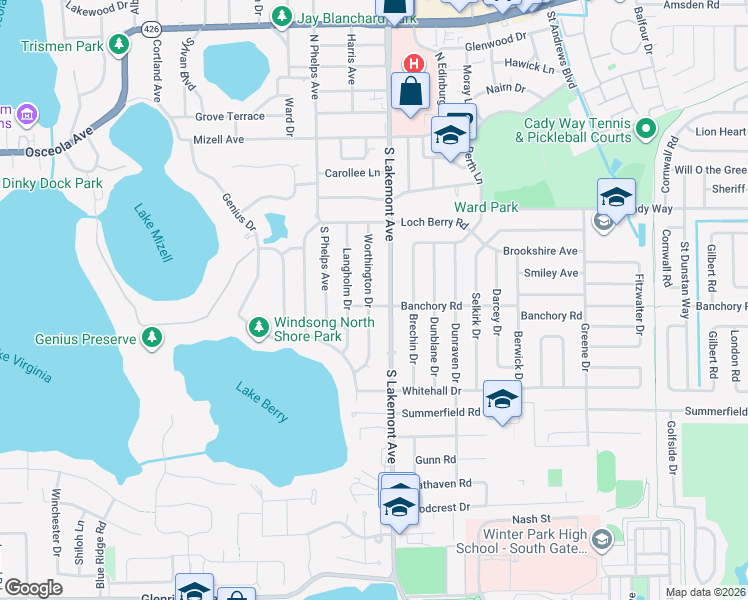 map of restaurants, bars, coffee shops, grocery stores, and more near 532 Worthington Drive in Winter Park