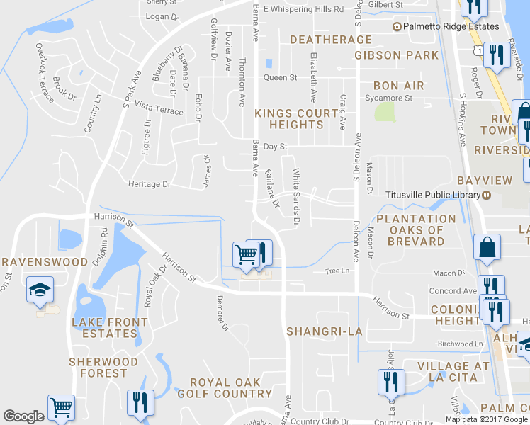 map of restaurants, bars, coffee shops, grocery stores, and more near 2161 Niblick Court in Titusville
