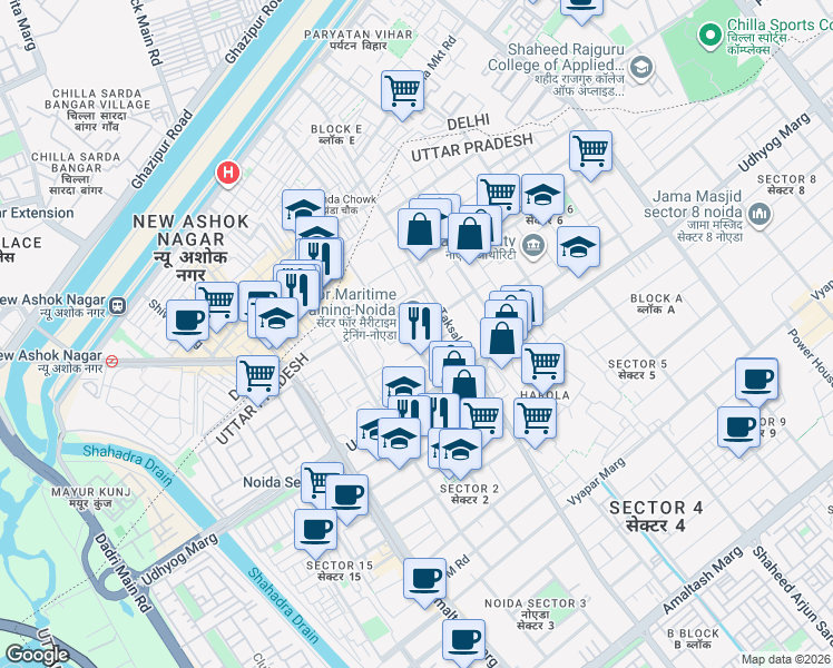 map of restaurants, bars, coffee shops, grocery stores, and more near in Noida