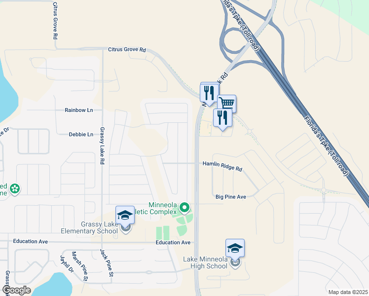 map of restaurants, bars, coffee shops, grocery stores, and more near 805 Woods Landing Drive in Minneola