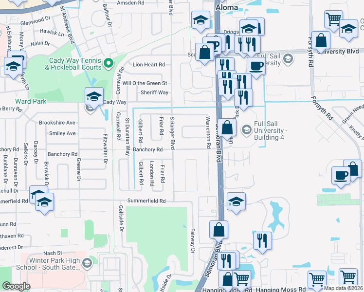 map of restaurants, bars, coffee shops, grocery stores, and more near 2905 Banchory Road in Winter Park