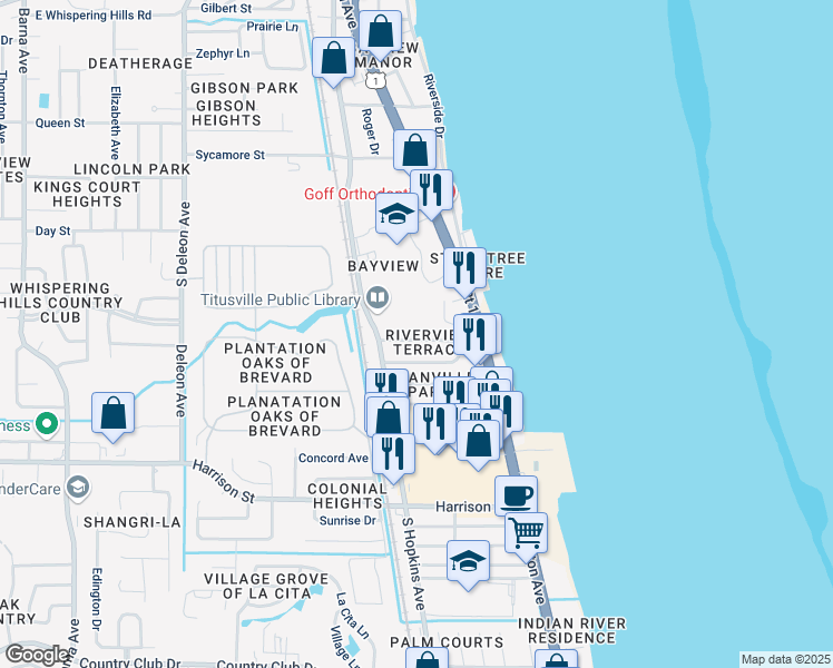 map of restaurants, bars, coffee shops, grocery stores, and more near 154 Park Lane in Titusville