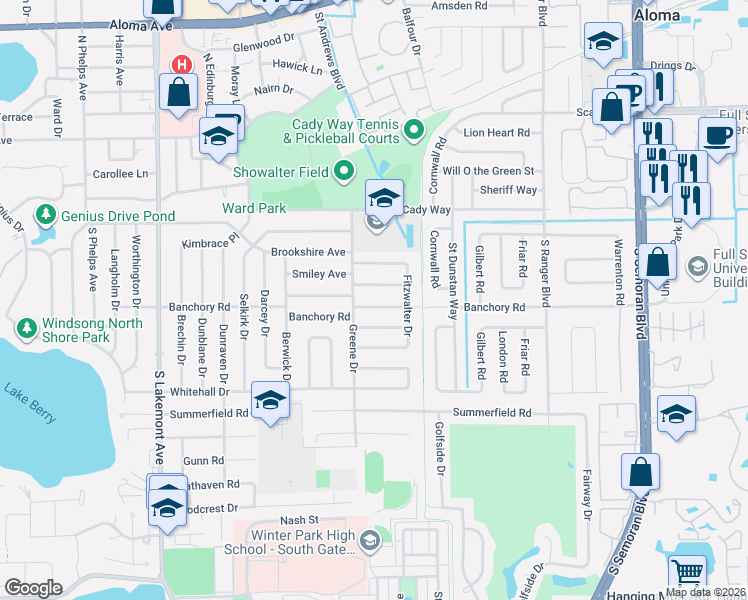 map of restaurants, bars, coffee shops, grocery stores, and more near 2529 Banchory Road in Winter Park