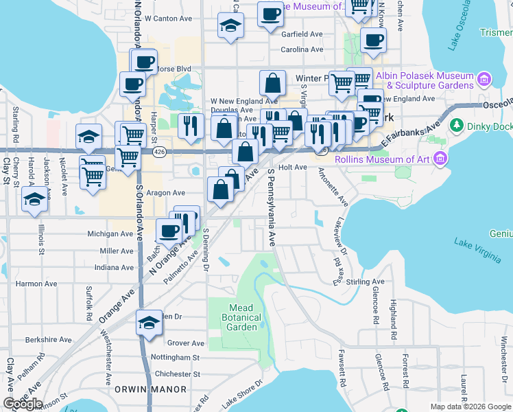map of restaurants, bars, coffee shops, grocery stores, and more near 867 South Pennsylvania Avenue in Winter Park