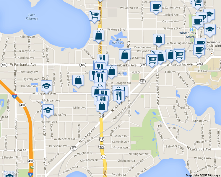 map of restaurants, bars, coffee shops, grocery stores, and more near 854 Miles Avenue in Winter Park