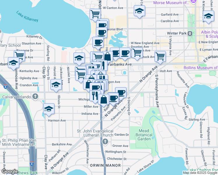 map of restaurants, bars, coffee shops, grocery stores, and more near 865 Balch Avenue in Winter Park