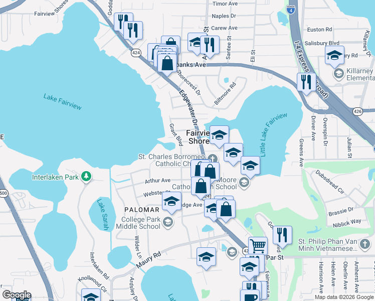 map of restaurants, bars, coffee shops, grocery stores, and more near 1101 Venetian Avenue in Orlando