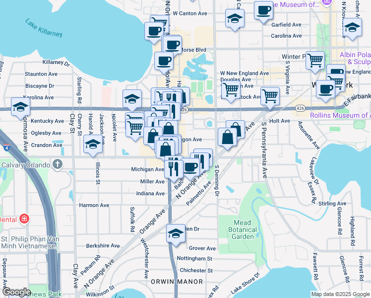map of restaurants, bars, coffee shops, grocery stores, and more near 851 Miles Avenue in Winter Park