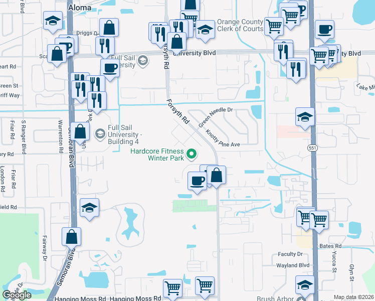 map of restaurants, bars, coffee shops, grocery stores, and more near 3206 Netherwood Drive in Winter Park
