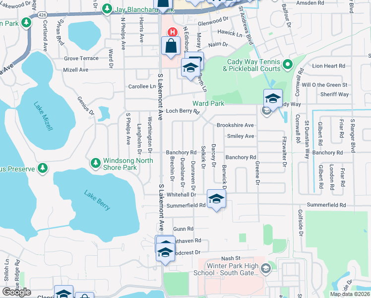 map of restaurants, bars, coffee shops, grocery stores, and more near 532 Dunblane Drive in Winter Park