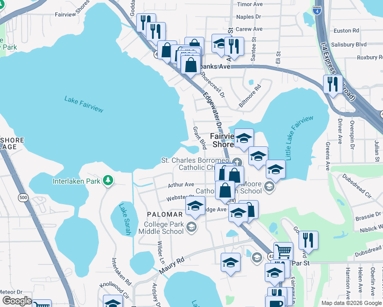 map of restaurants, bars, coffee shops, grocery stores, and more near 1113 Venetian Avenue in Orlando