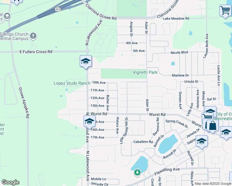 map of restaurants, bars, coffee shops, grocery stores, and more near 286 11th Avenue in Ocoee