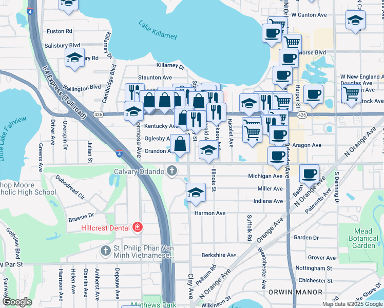 map of restaurants, bars, coffee shops, grocery stores, and more near 839 Clay Street in Winter Park