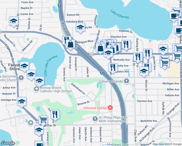 map of restaurants, bars, coffee shops, grocery stores, and more near 2184 Crandon Avenue in Winter Park
