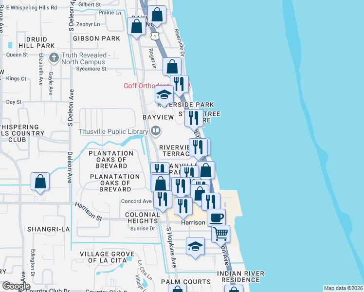 map of restaurants, bars, coffee shops, grocery stores, and more near 148 Park Lane in Titusville