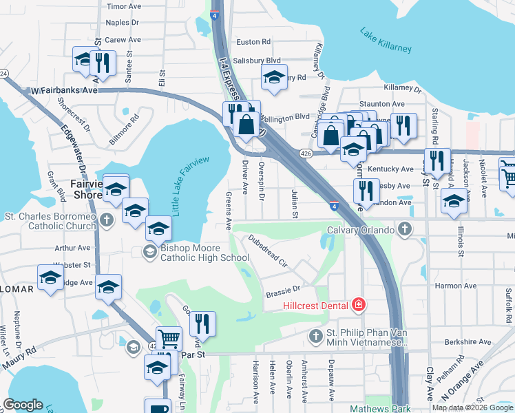 map of restaurants, bars, coffee shops, grocery stores, and more near 811 Overspin Drive in Winter Park