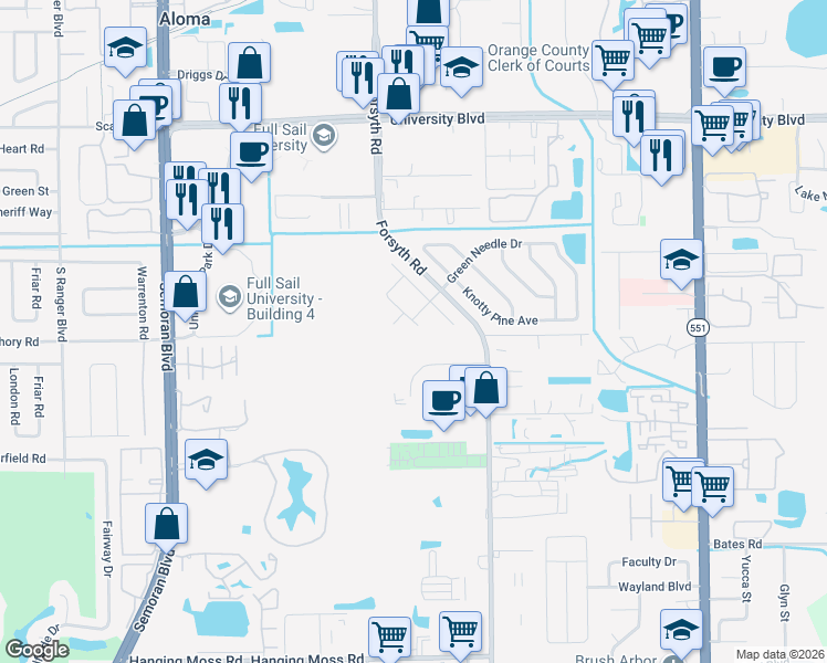 map of restaurants, bars, coffee shops, grocery stores, and more near 3206 Netherwood Drive in Winter Park