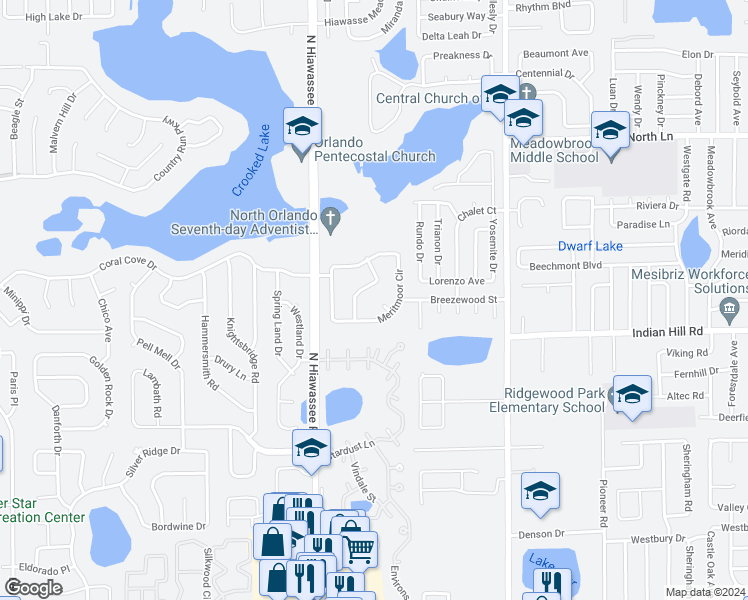 map of restaurants, bars, coffee shops, grocery stores, and more near 3616 Highmoor Court in Orlando