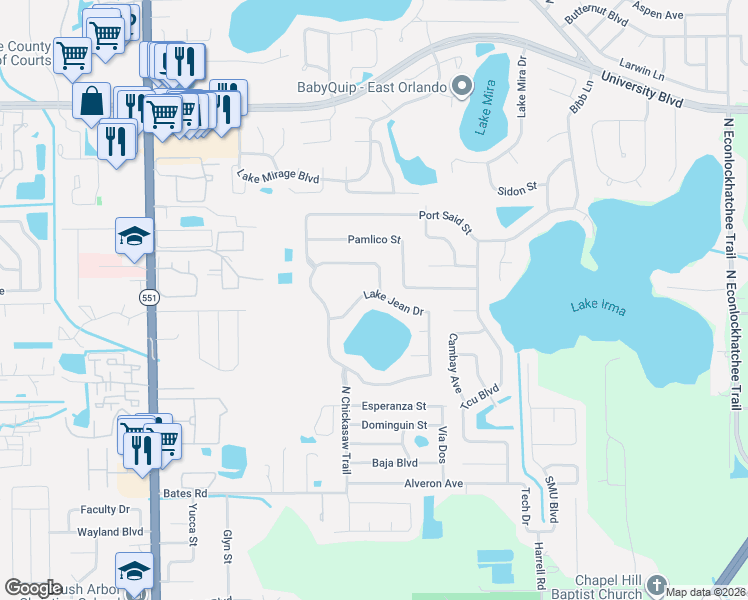 map of restaurants, bars, coffee shops, grocery stores, and more near 2939 Lake Jean Drive in Orlando
