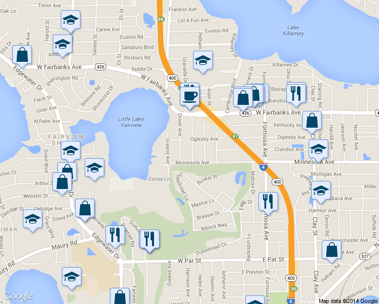 map of restaurants, bars, coffee shops, grocery stores, and more near 811 Overspin Drive in Winter Park