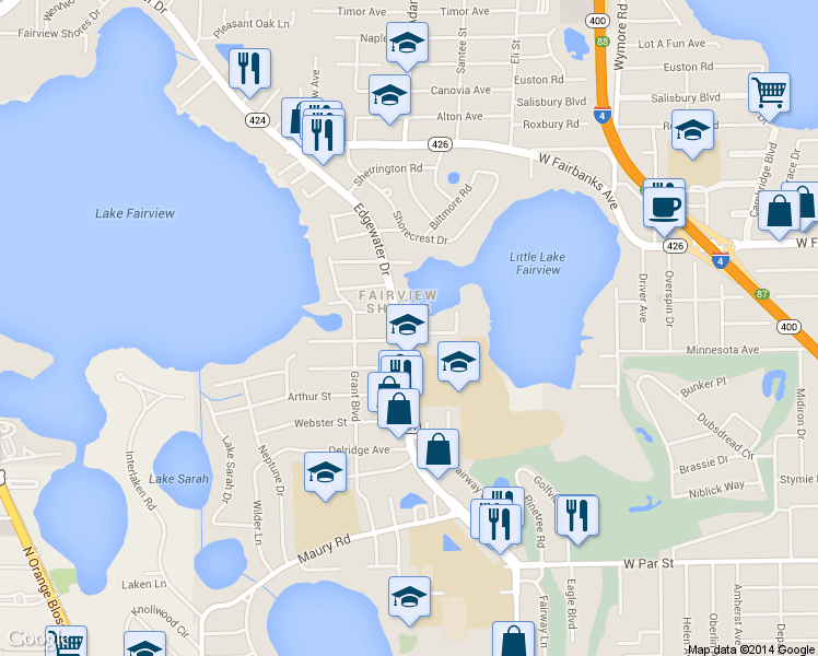 map of restaurants, bars, coffee shops, grocery stores, and more near 4060 Edgewater Drive in Orlando