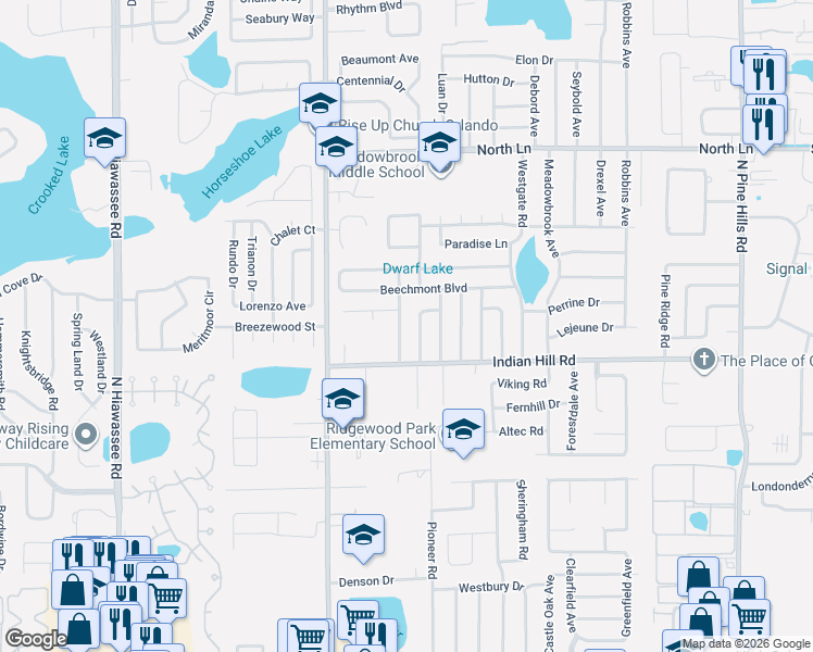 map of restaurants, bars, coffee shops, grocery stores, and more near 3640 Ranchwood Road in Orlando