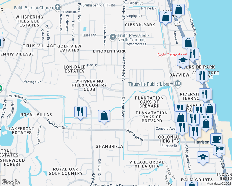 map of restaurants, bars, coffee shops, grocery stores, and more near 1095 Country Club Boulevard in Titusville