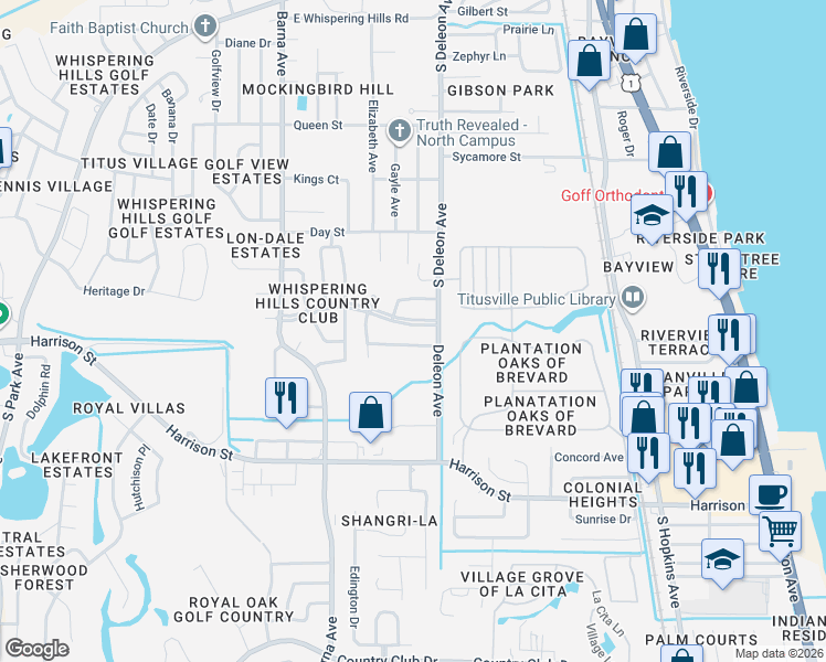 map of restaurants, bars, coffee shops, grocery stores, and more near 1090 Pine Valley Lane in Titusville