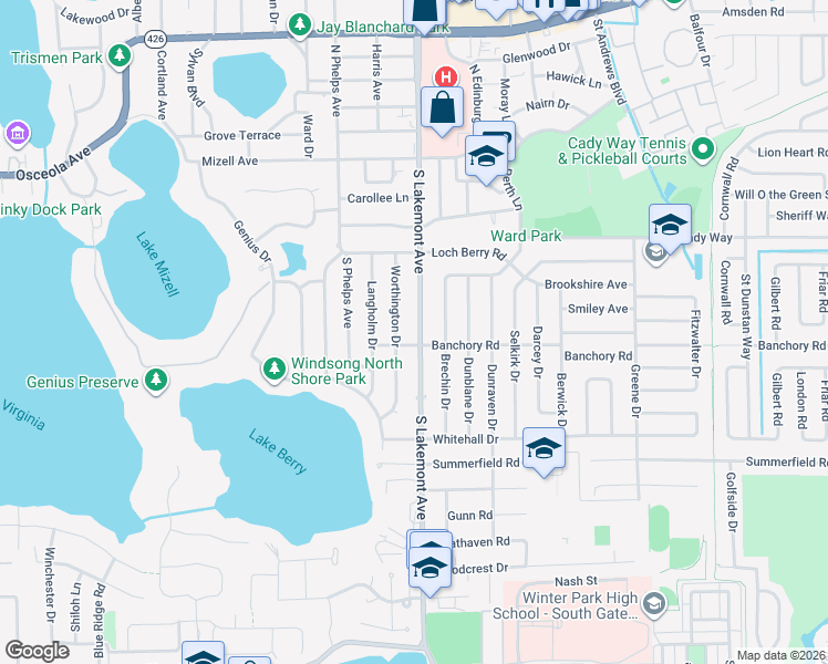 map of restaurants, bars, coffee shops, grocery stores, and more near 532 Worthington Drive in Winter Park