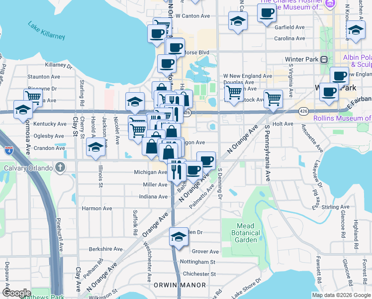 map of restaurants, bars, coffee shops, grocery stores, and more near 865 Balch Avenue in Winter Park