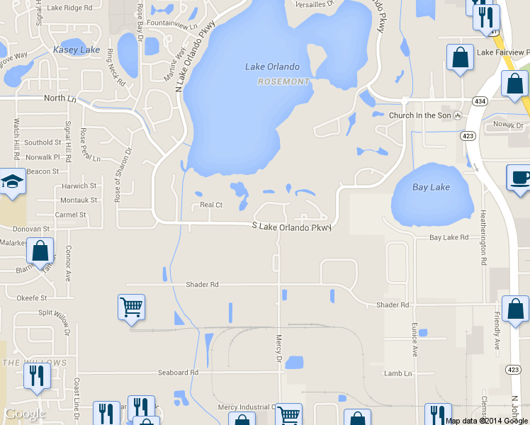 map of restaurants, bars, coffee shops, grocery stores, and more near 4233 South Lake Orlando Parkway in Orlando