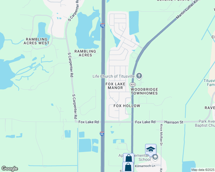 map of restaurants, bars, coffee shops, grocery stores, and more near 2074 Alexander Drive in Titusville