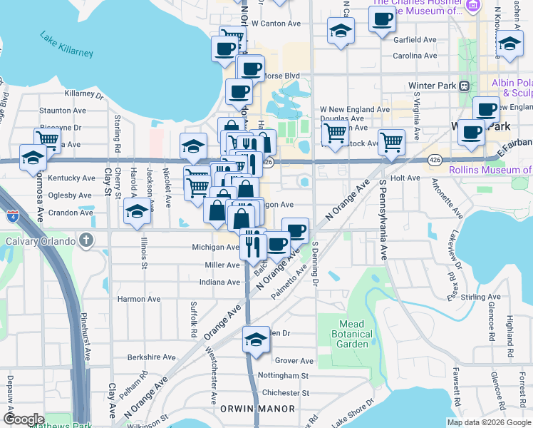 map of restaurants, bars, coffee shops, grocery stores, and more near 865 Balch Avenue in Winter Park