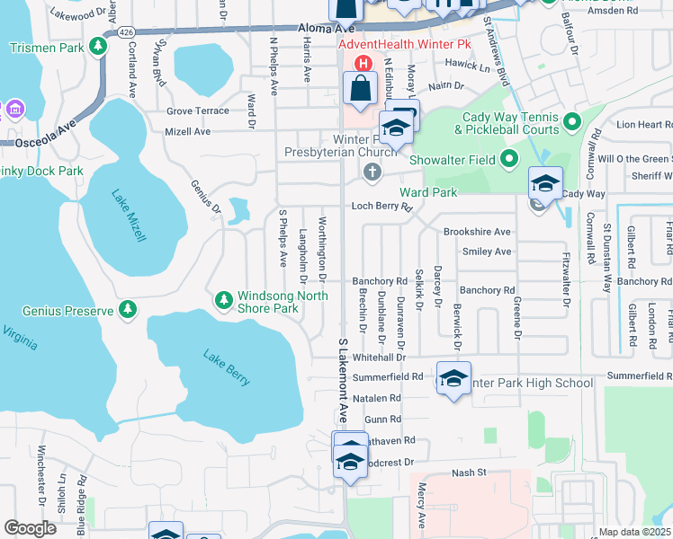 map of restaurants, bars, coffee shops, grocery stores, and more near 532 Worthington Drive in Winter Park