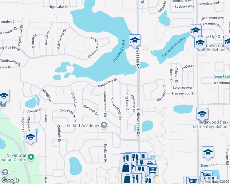map of restaurants, bars, coffee shops, grocery stores, and more near 3308 Knightsbridge Road in Orlando