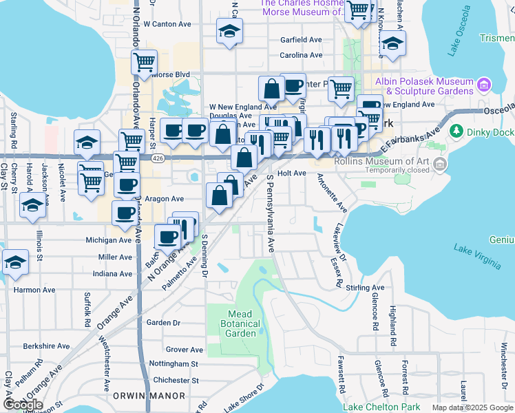 map of restaurants, bars, coffee shops, grocery stores, and more near 820 Huntington Court in Winter Park