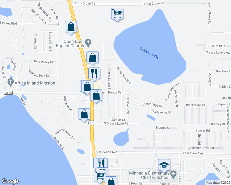 map of restaurants, bars, coffee shops, grocery stores, and more near Willow Run Street in Minneola