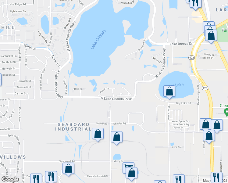 map of restaurants, bars, coffee shops, grocery stores, and more near 4116 Player Circle in Orlando