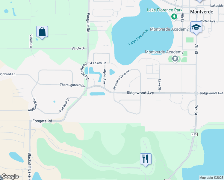 map of restaurants, bars, coffee shops, grocery stores, and more near 16801 Florence View Drive in Montverde