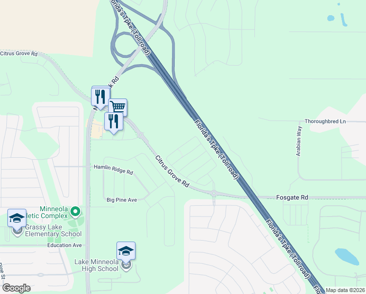 map of restaurants, bars, coffee shops, grocery stores, and more near Triple East Road in Clermont