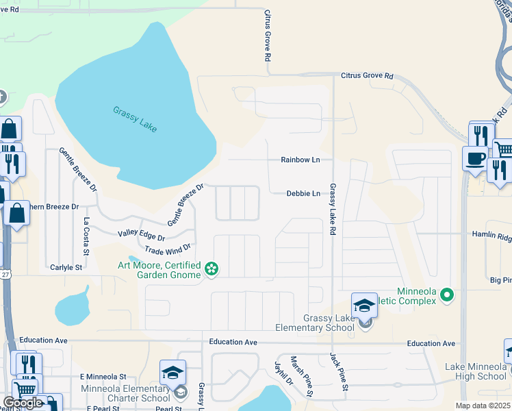 map of restaurants, bars, coffee shops, grocery stores, and more near 632 Gentle Breeze Drive in Minneola