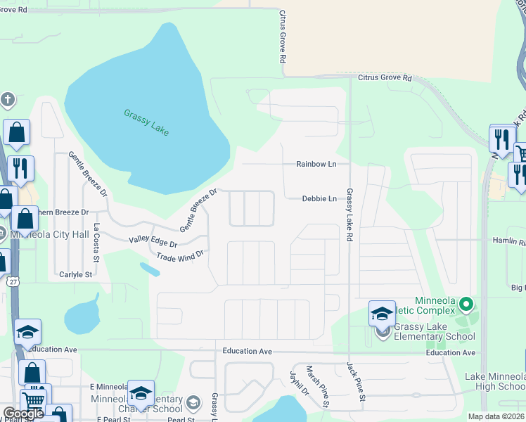 map of restaurants, bars, coffee shops, grocery stores, and more near 816 Shore Breeze Way in Minneola