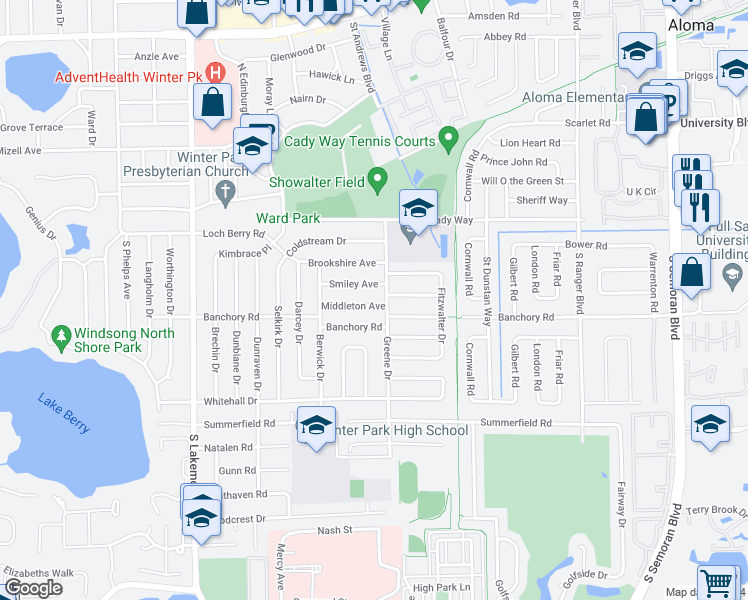 map of restaurants, bars, coffee shops, grocery stores, and more near 2357 Middleton Avenue in Winter Park